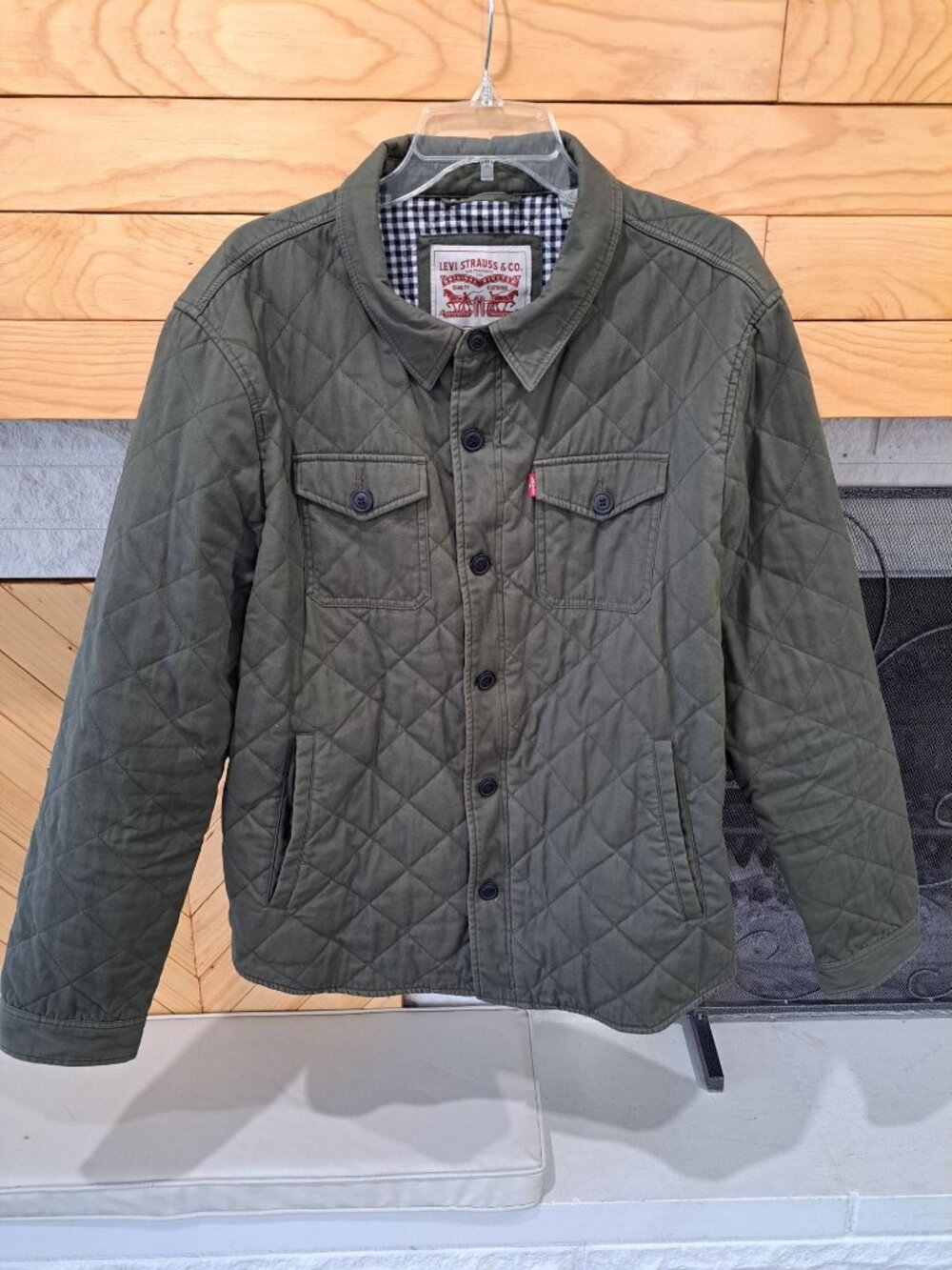 Levis Mens Diamond Quilted Shirt Jacket XL Green Button Utility Outerwear Chore